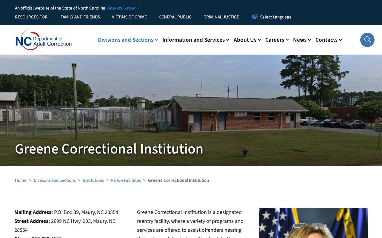 Official NCDAC page for Greene Correctional Institution