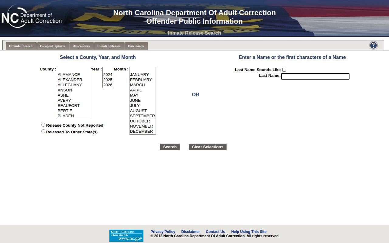 NCDAC monthly Greene County release search alternative